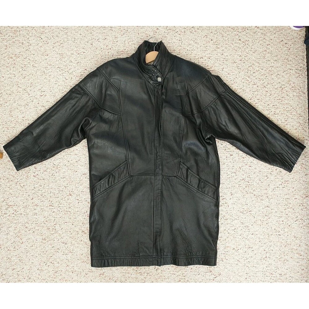 Vtg The Leather Warehouse Leather Jacket M Black Pocket Mid Length Full Zip 80s